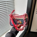 Retro-Handtasche aus Denim und Gingham-Karo mit Spitzenbesatz und Kirsch-Stickerei - Rot