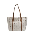 Minimalist large capacity tote bag with bear pattern and brown straps on white background - White