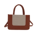 Borsa quadrata in finta pelle marrone e tela beige con doppi manici e tracolla sottile - Marrone Patchwork Bianco Sporco