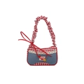 Borsa bowling in denim blu con profili a quadretti rossi e patch con ciliegie - Rosso