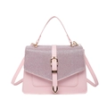 Pink PU leather handbag with glittery flap and gold buckle in a minimalist square design - Pink
