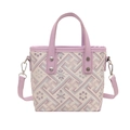 Grande borsa a secchiello lavanda e beige con ricamo floreale e tracolla rimovibile - Viola