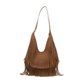 Trendy brown soft leather fringe shoulder bag for a stylish summer bohemian look - Khaki