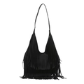 Stylish black fringe shoulder bag with bohemian tassel design in soft faux leather - Black