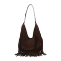 Trendy dark brown soft leather shoulder bag with multi-layered fringe details - Brown