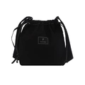 Minimalist black drawstring bucket bag with white contrast stitching and canvas texture - Black