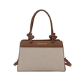 Borsa a trapezio in pelle marrone e tessuto beige con scritta moda e manici con nodo - Marrone