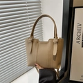Minimalist beige pebble leather tote bag with gold hardware and top handle for women - Khaki