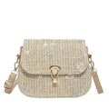 Sac bandoulière en paille beige avec broderie florale et fermoir doré sur fond blanc - Kaki