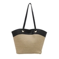 2025 trendy woven shoulder bag with black leather trim and large capacity for summer - Large / Khaki Black