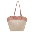 Pink and beige large straw tote bag with long PU shoulder straps for summer beach vacation - Large / Rice Pink