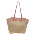 Straw tote bag in natural woven texture and pink faux leather trim for summer - Large / Khaki Pink