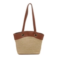 Beige straw tote bag with dark brown leather handles and metallic buckles - Small / Khaki Brown