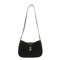 Minimalist black half-moon shoulder bag with elegant gold metal ring buckle and thin strap - Black