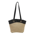 Handwoven straw tote bag with black leather straps and gold metal ring details - Small / Khaki Black