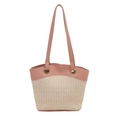 Pink leather and beige woven straw shoulder bag with metallic rings for beach holidays - Small / Rice Pink