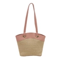 Straw tote bag featuring pink leather trim and matching long shoulder straps - Small / Khaki Pink