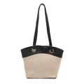 Summer straw tote bag in light beige with black leather handles and gold eyelets - Small / Beige-Black