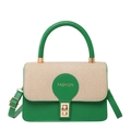 Green leather and beige woven拼接 handbag with gold FASHION lettering and clasp - Green