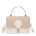Elegant two-tone crossbody bag with top handle and golden square lock in front view - White