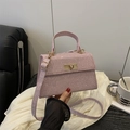 Pink glitter vintage style top-handle bag with gold hardware and shoulder strap - Pink