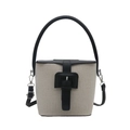 Retro contrast canvas bucket bag with black leather trim and top handle for women - Black