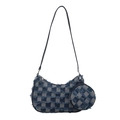 Sac croissant en denim à damier bleu avec bords effilochés et petit porte-monnaie - Bleu clair