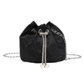 Black bucket bag with butterfly embroidery, silver chain, and pearl drawstring detail - Black