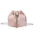 Pink lace bucket bag with 3D butterfly embroidery and pearl drawstring chain strap - Pink