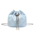 Light blue drawstring bucket bag with butterfly lace embroidery and pearl charms - Blue