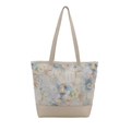 Floral embroidered canvas tote bag with beige faux leather handles and large capacity - Beige