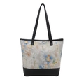 Floral lace tote bag with black leather straps and colorful vintage butterfly pattern - Black
