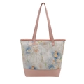Pink faux leather tote bag with white floral lace overlay and long shoulder straps - Pink