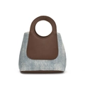 Vintage colorblock tote bag in light blue denim with silver glitter and brown leather handles - Brown
