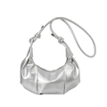 Silver metallic crescent crossbody bag with pleated texture and adjustable strap - Silver