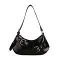 Chic black patent leather baguette shoulder bag with silver buckle and Y2K aesthetic - Black
