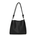 Minimalist black leather bucket bag with knotted shoulder strap and silver hardware - Black