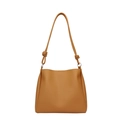 Minimalist brown matte leather bucket bag with decorative knotted strap and silver hardware - Yellow