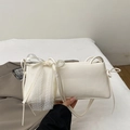 Chic cream bow shoulder bag with elegant lace detail for minimalist women's fashion - White Lace Bowknot Style