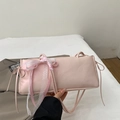 Pink rectangular underarm bag with lace bow decoration and slender leather strap - Pink Lace Bow Style