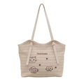 Sac cabas en paille beige avec broderie chat de dessin animé et longues bandoulières - Blanc