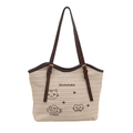 Grand sac cabas en paille tissée avec broderie chat et anses en cuir marron pour femme - Marron
