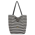 Grande borsa tote in tela a righe bianche e nere con placca logo in metallo fatta a mano - Senza Pendente / Nero