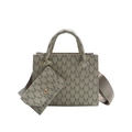 Grey monogram mini tote bag set with wide shoulder strap and matching pouch charm - Khaki