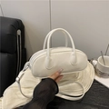 White glossy PU leather Boston handbag with dual handles and detachable shoulder strap - White