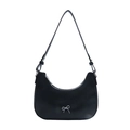 Fashionable black matte leather crescent underarm bag with a silver metal bow accent - Black