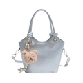 Silver leather bucket bag with plush bear charm and ribbon handle for women - Silver with Charm
