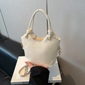White PU leather bucket bag with knotted handle and gold hardware in minimalist style - No Pendant / White