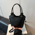 Elegant black PU leather bucket bag with wavy rim and gold ring handle details - No Pendant / Black