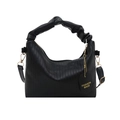 Pleated black tote bag with twisted handle and gold hardware on white background - Black